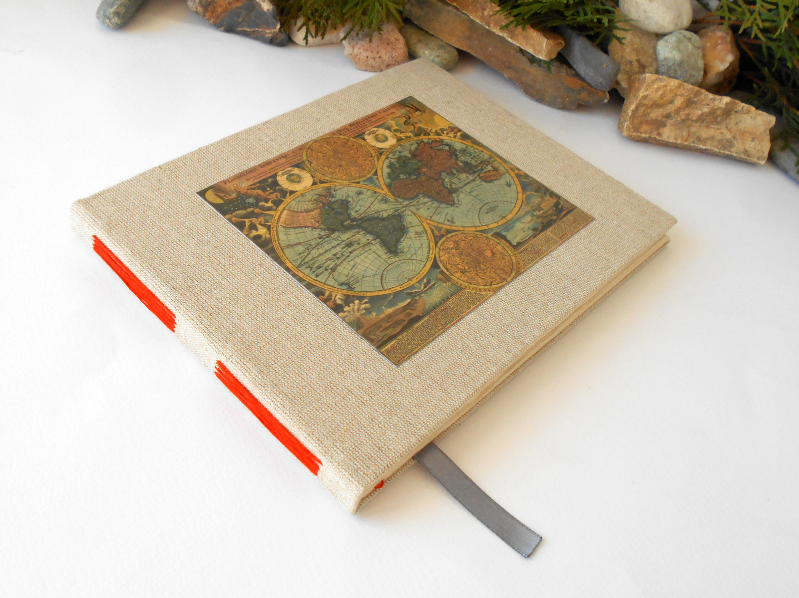 World map travel sketchbook- Antique map sketchbook- hardcovers and 100% recycled pages- custom burlap journal- eco-friendly gift