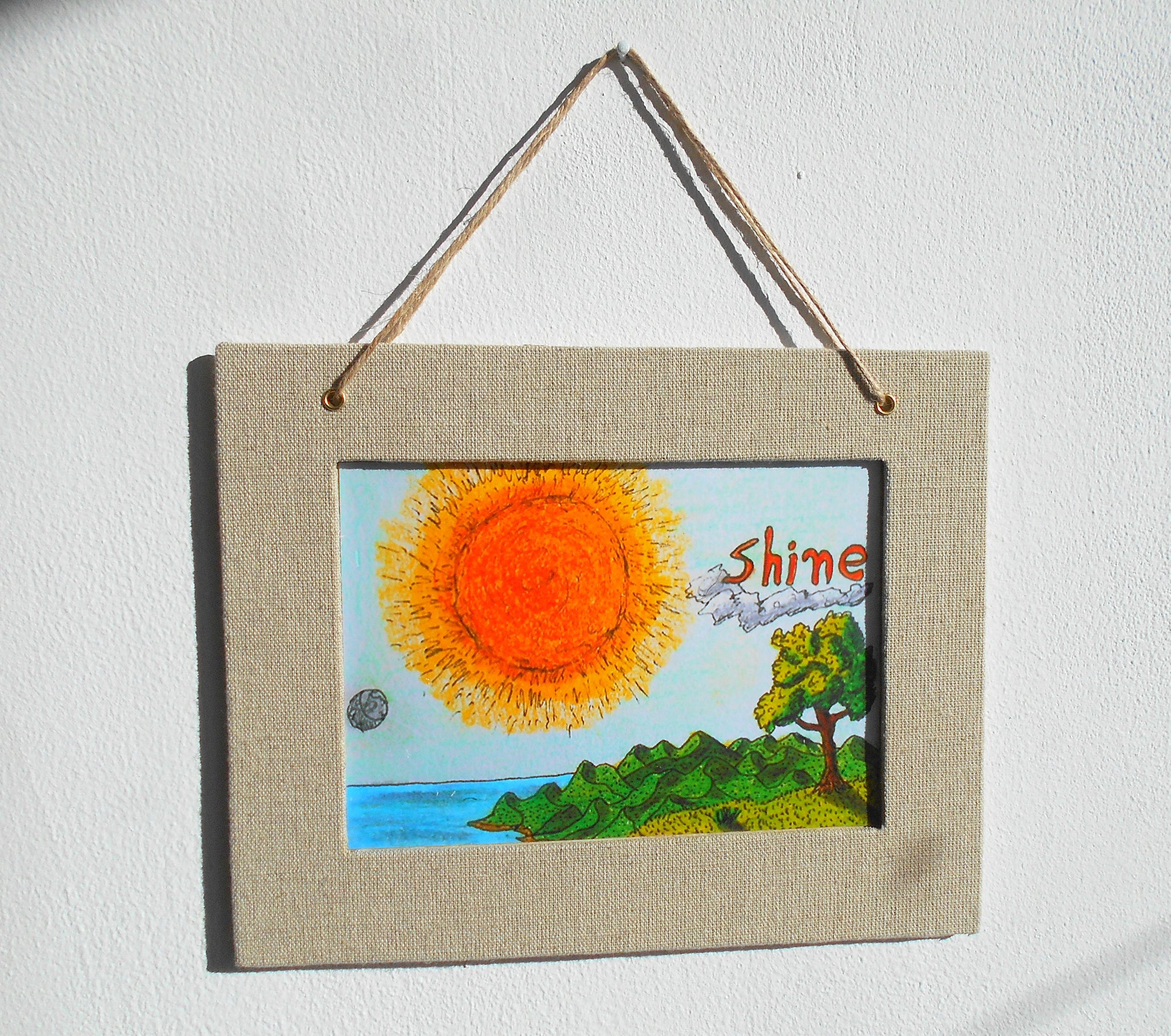 Sun wall art decor- 'Shine' Sun-Tree-Sea inspirational poster with linen fabric-wrapped frame- landscape art hanging signed by Hristo Hvoynev