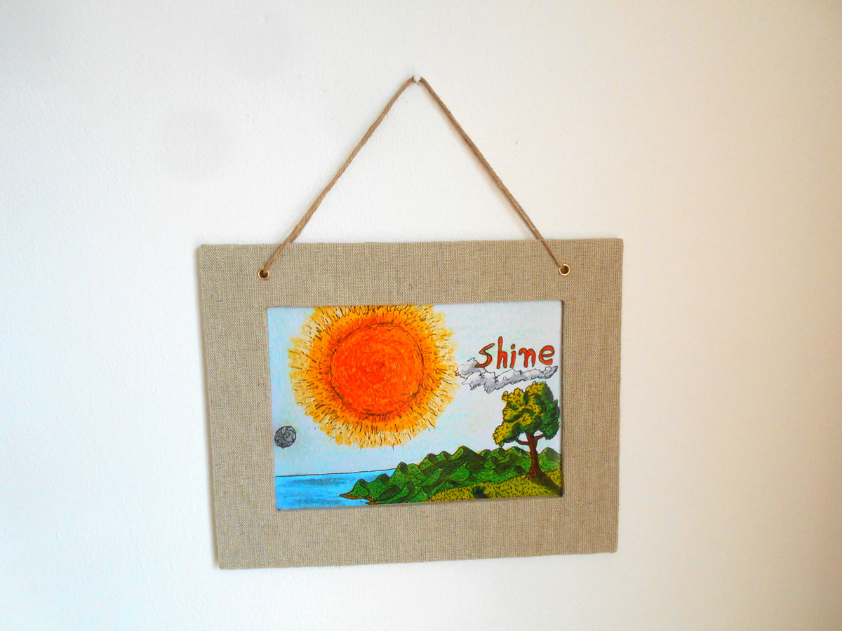 Sun wall art decor- &#39;Shine&#39; Sun-Tree-Sea inspirational poster with linen fabric-wrapped frame- landscape art hanging signed by Hristo Hvoynev
