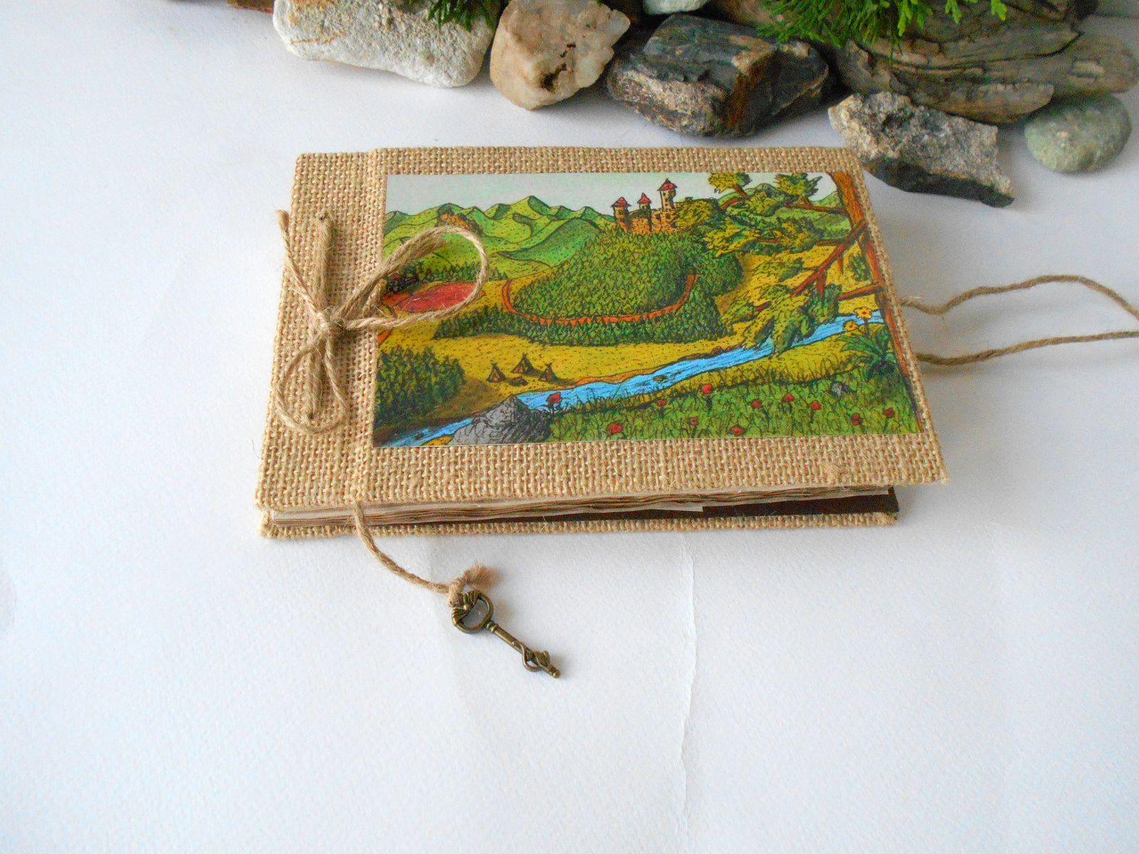 Burlap art sketchbook with hardcover and a castle and nature print- rustic fabric journal- coffee 100% recycled pages- eco-friendly refillable sketchbook