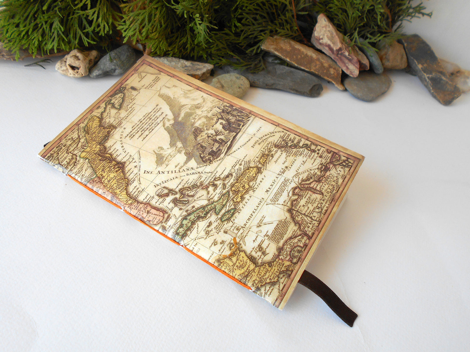 Old world map notebook journal with Hemp cords- rustic handmade journal- 100 recycled pages-writers notebook- choose hemp binding color