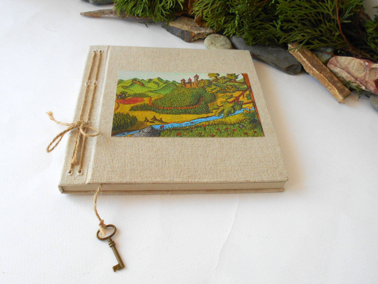 Handmade fabric sketchbook journal with a castle fantasy art- Refillable sketchbook with a pocket on the inside cover- ecofriendly blank sketchbook