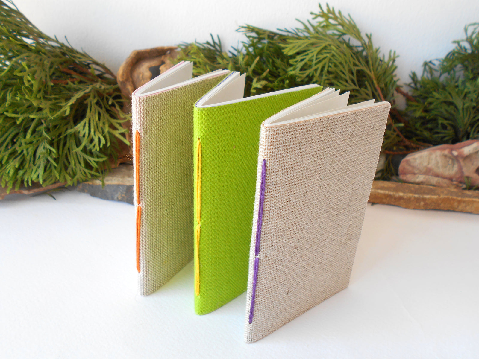 Handmade small notebook set of 3- eco-friendly linen fabrics pocket journals- Hemp cord binding and 200% recycled pages