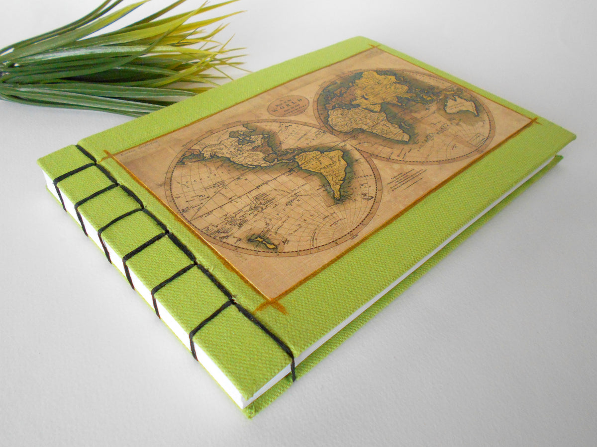 Map sketchbook journal- antique world map- 100% recycled pages- eco-friendly burlap fabric journal- journal with Hemp stab binding &amp; green burlap