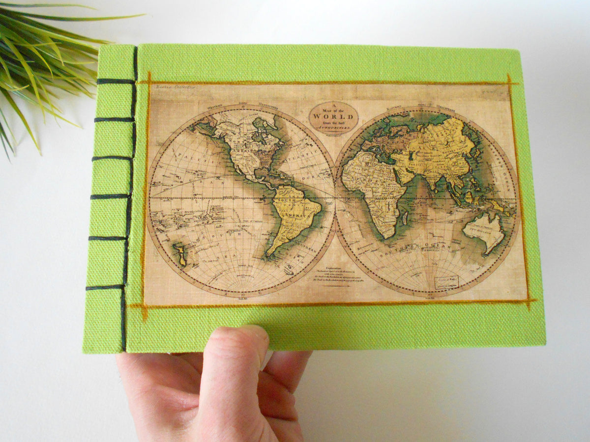 Art sketchbook with green fabric soft covers- Hemp stab binding- 100% -  Exiarts & Ecocrafts