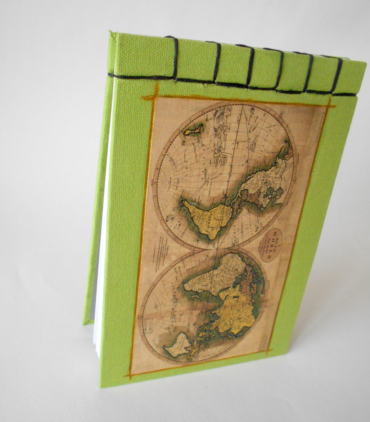 Map sketchbook journal- antique world map- 100% recycled pages- eco-friendly burlap fabric journal- journal with Hemp stab binding &amp; green burlap