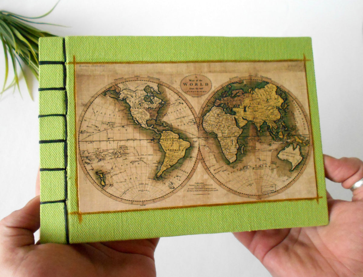 Map sketchbook journal- antique world map- 100% recycled pages- eco-friendly burlap fabric journal- journal with Hemp stab binding &amp; green burlap