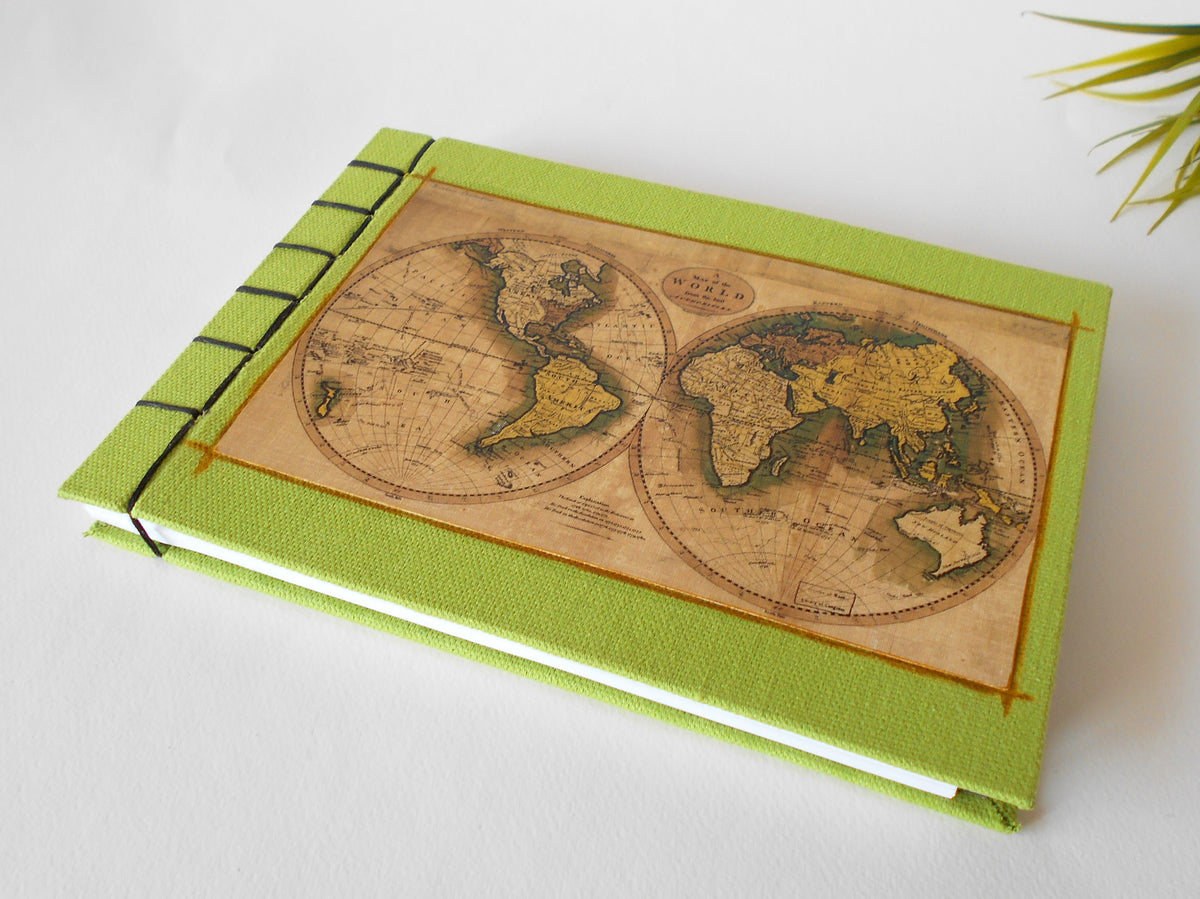 Map sketchbook journal- antique world map- 100% recycled pages- eco-friendly burlap fabric journal- journal with Hemp stab binding &amp; green burlap