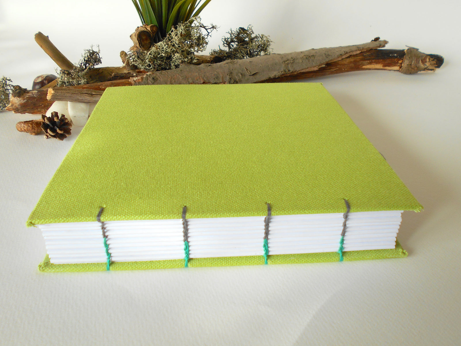 Coptic travel journal- green fabric sketchbook journal- handmade light green sketchbook- 100% recycled paged travel book
