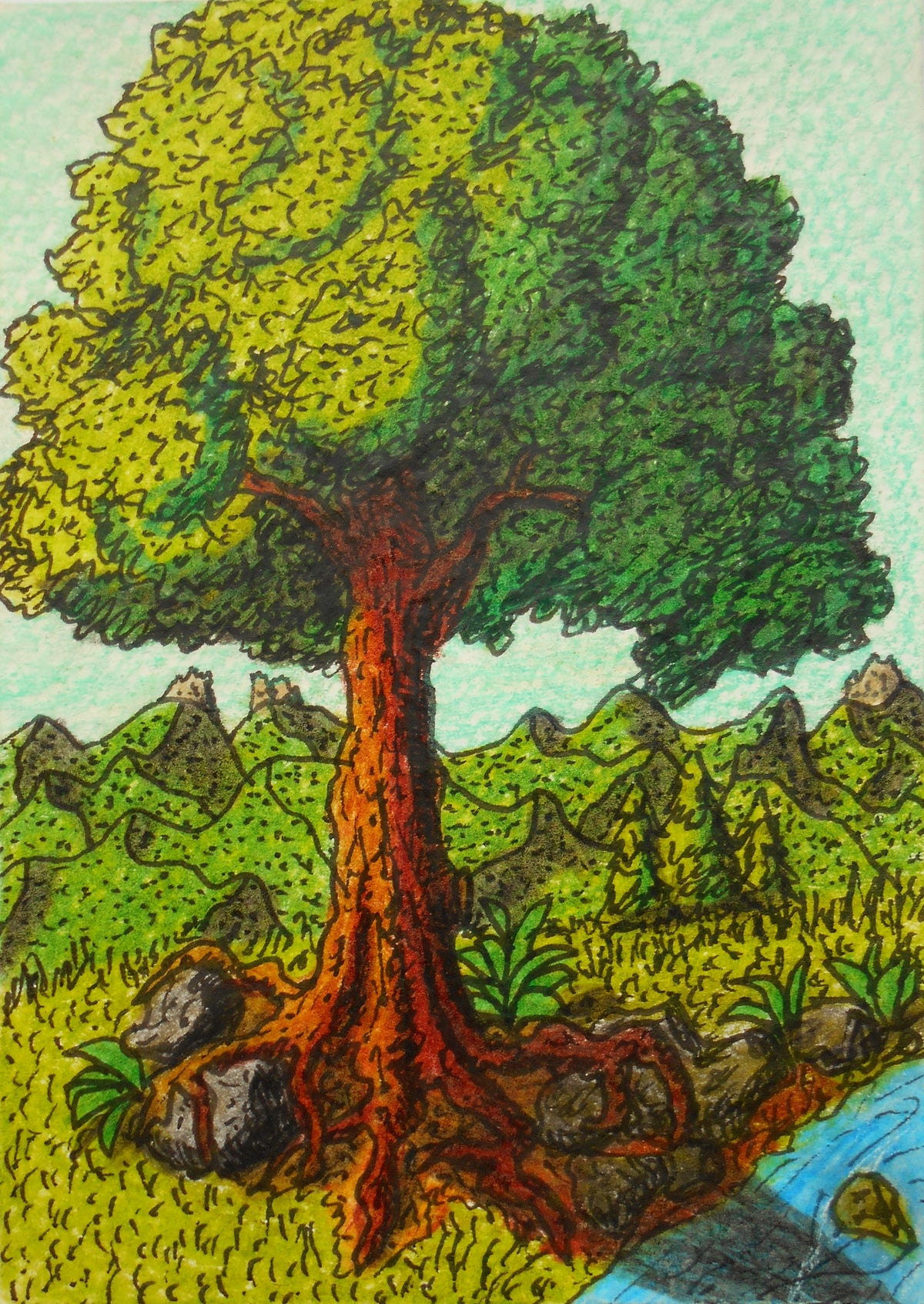 Tree art illustration- Fine art print from aceo drawing- aceo art poster &quot;Magical tree&quot;- signed by author Hristo Hvoynev- Oak tree inspirational poster