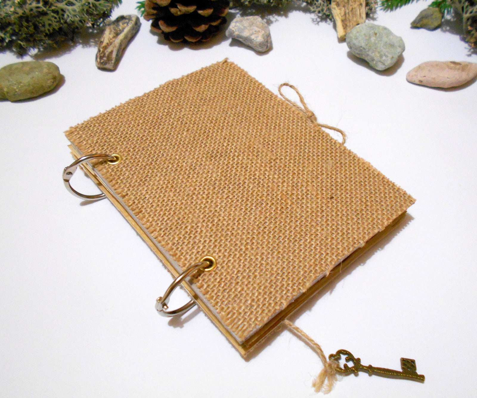 Burlap travel journal with refillable ring binding- 100% recycled coffee pages- key bookmark- personalized refillable rustic journal