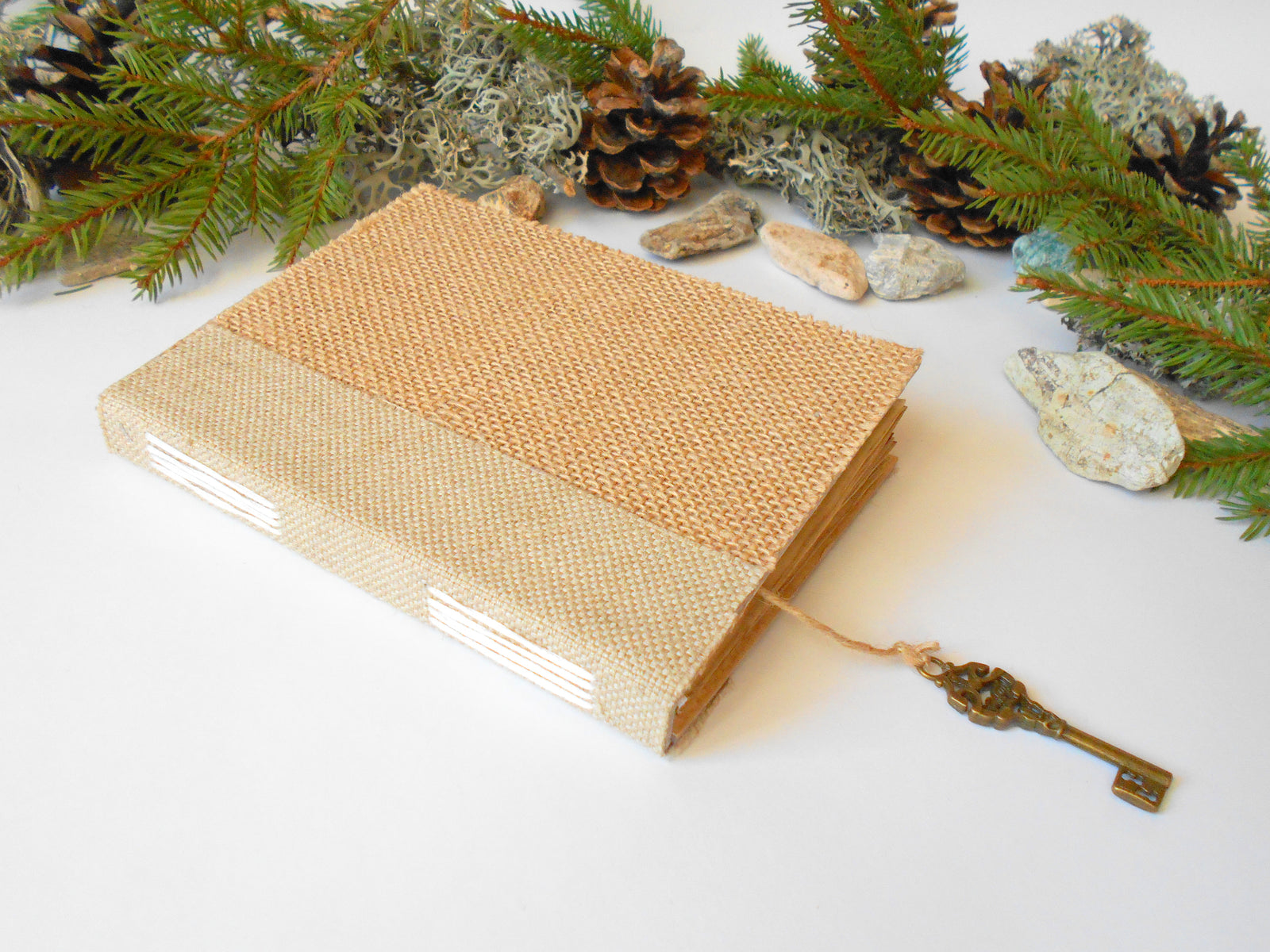 Handmade travel journal with burlap hardcovers and key bookmark- blank book with 100 pages of 100% recycled paper- Eco-friendly rustic journal