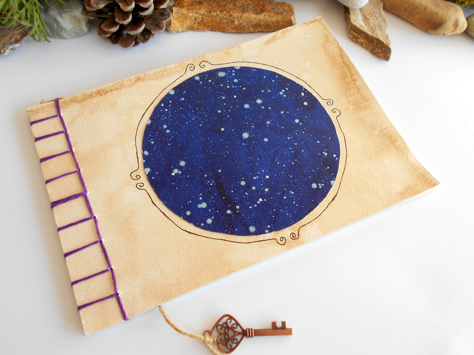 Travel journal with Star Sky handmade art- stab binding and soft covers- custom Hemp cord color- handmade sketchbook with 100% recycled pages- Eco-friendly Inactive