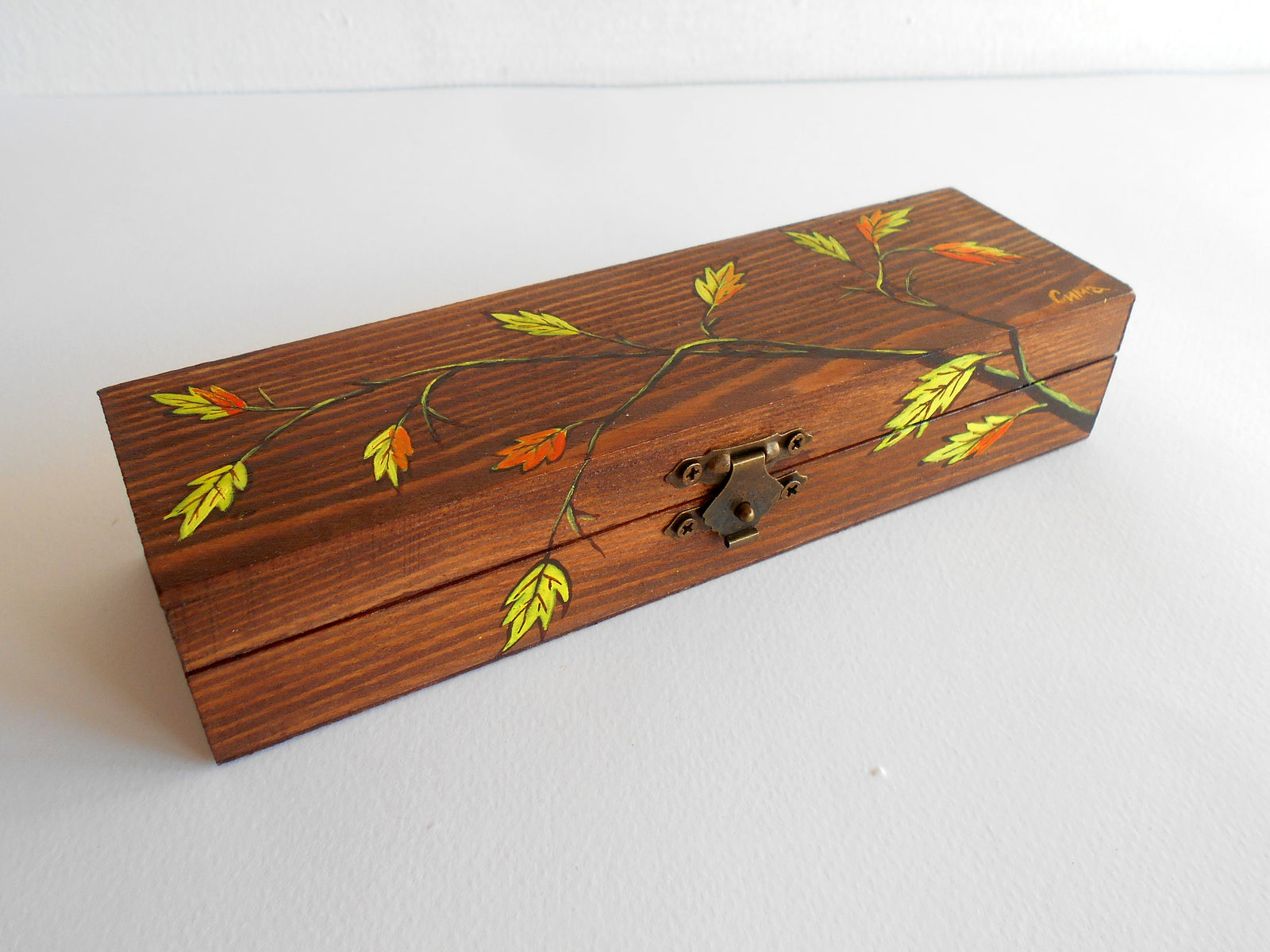 Wooden box for glasses and jewelry pendants, bracelets- acrylic painted rectangular box- wooden box with bronze colored hinges- Fall leaves
