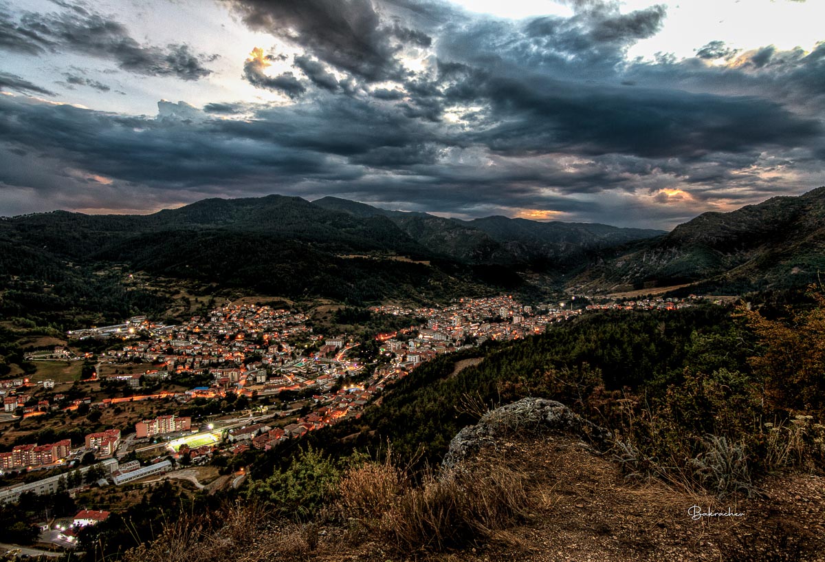 Mountain Nature Photography wall art print- city scape Sunrise from the town of Devin- cloudy sky sunrise- Bulgarian landscape