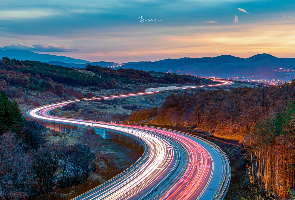 Light trails from the Struma Motorway near the city of Sofia- photography wall art print- photo wall decor- Bulgarian landscape