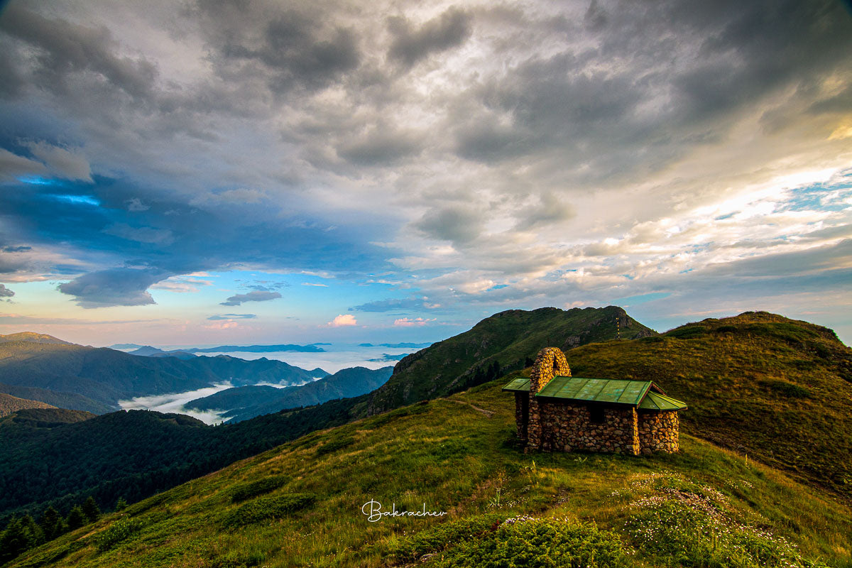Nature Photography wall art print- Sunrise from the ridge of Stara Planina Mountain- Holy Trinity Chapel next to Echo hut