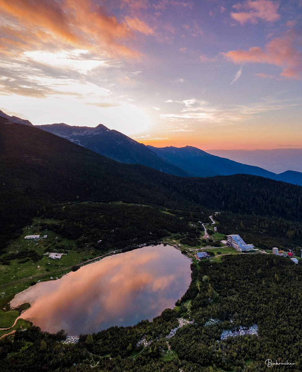 Mountain Nature Photography wall art print- 'Bezbog' hut near a lake in Pirin Mountain- cloudy sky sunrise-  Bulgarian landscape