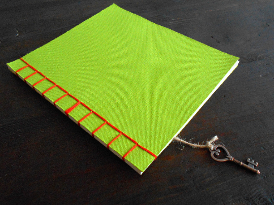 Fabric-paper notebook journal with soft covers- Green burlap rustic handmade journal- 100% recycled pages- writers notebook