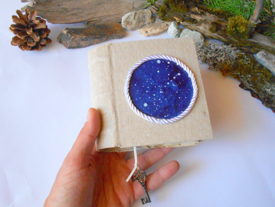 Handmade art journal with fabric hardcovers and hand painted star sky art- 100% recycled coffee colored pages- rustic astronomy sketchbook- ecofriendly gift
