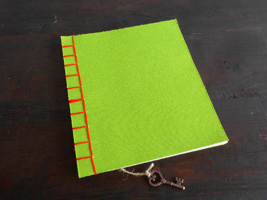 Fabric-paper notebook journal with soft covers- Green burlap rustic handmade journal- 100% recycled pages- writers notebook