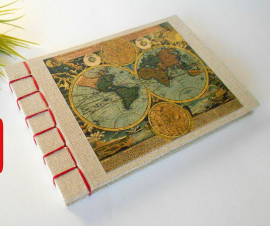 Map sketchbook with 100% recycled pages- eco-friendly fabric sketchbook- personizable journal with Hemp stab binding