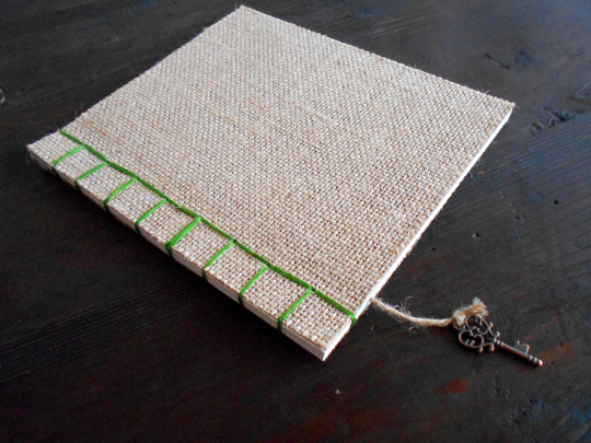 Fabric-paper notebook journal with soft covers- Hemp bound burlap rustic handmade journal- recycled pages- writers notebook