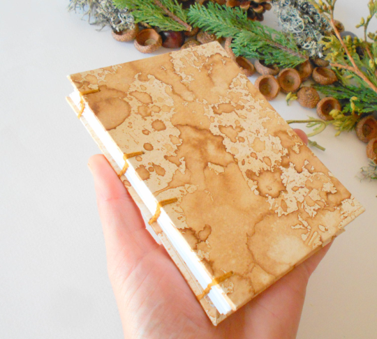 Coptic travel journal with coffee hardcovers- art sketchbook- 100% recycled pages- customizable travel coffee sketchbook