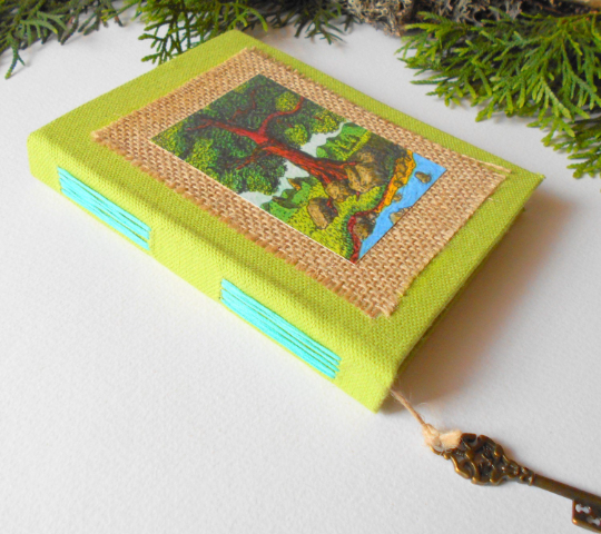 Travel journal with art tree, green fabric hardcovers, key bookmark- blank book with 100% recycled paper- Eco-friendly rustic art journal