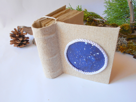 Handmade art journal with fabric hardcovers and hand painted star sky art- 100% recycled coffee colored pages- rustic astronomy sketchbook- ecofriendly gift