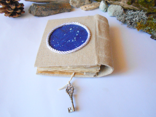Handmade art journal with fabric hardcovers and hand painted star sky art- 100% recycled coffee colored pages- rustic astronomy sketchbook- ecofriendly gift