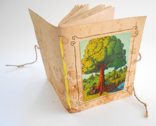 Handmade travel notebook journal- coffee colored with an Oak Tree art print on the cover- Choose 60 or 120 pages-100% recycled- Eco friendly notebook with art by Hristo Hvoynev