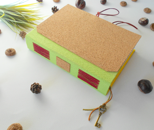 Handmade travel journal with hard covers- cork sketchbook- custom color binding- Eco friendly coptic journal- 100% recycled pages