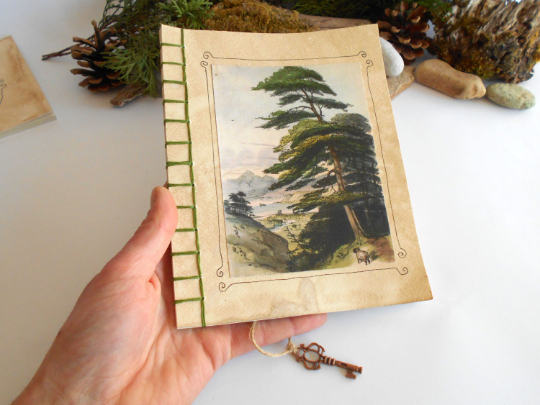 Handmade travel notebook journal with Tree Art- stab binding and soft covers- custom thread colors- sketchbook with 100% recycled pages- Ecofriendly artist gift