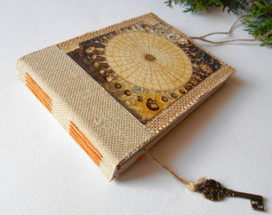 Travel journal sketchbook- Wind rose vintage art on the hardcovers- Rustic burlap journal- 100% recycled- custom burlap journal