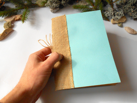 Handmade turquoise blue notebook journal with burlap fabric spine and twine binding- 100% recycled coffee pages- rustic refillable notebook- eco-friendly gift