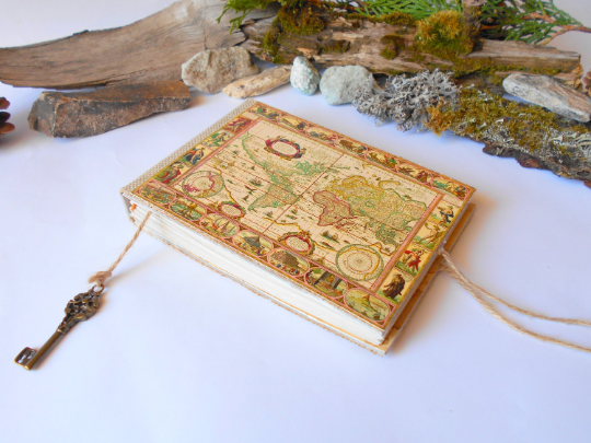 Travel map sketchbook- Antique world map journal-hardcovered rustic burlap journal- 100% recycled pages- custom burlap journal- eco