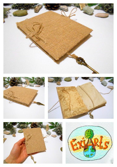 Burlap travel journal with refillable twine binding- recycled coffee pages- key bookmark- personalized refillable rustic journal