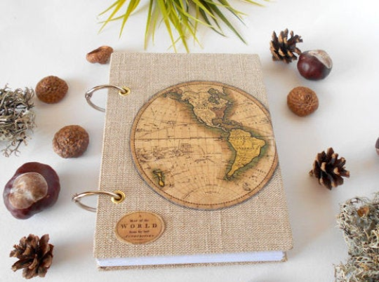 Handmade World Map travel journal with 100% recycled pages- 54 lbs.- 80 gsm.- fabric refillable hardcover journal- with a pocket inside the cover
