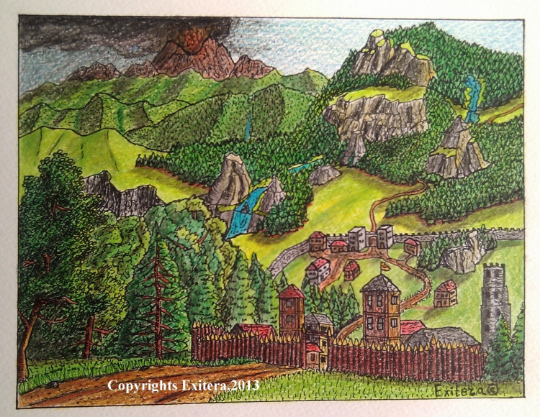 Original landscape fantasy art- ink and colored pencils illustration "The Eruption of Madjegogg"- Fantasy world series- signed by author Hristo Hvoynev