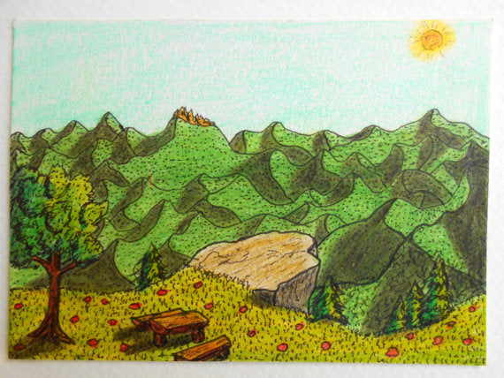 Mountain Landscape art print - ink and pencil illustration print &#39;Path towards the Sun&#39;- inspirational Sun and forest poster