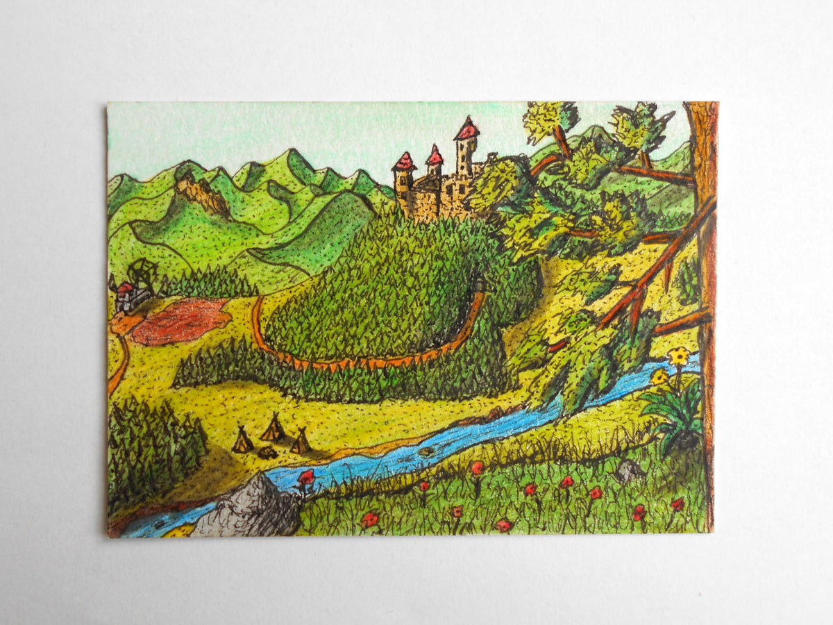 Fantasy art print castle landscape drawing- ink and color pencil fantasy print- Ancient fantasy world series- signed by author Hristo Hvoynev