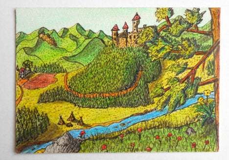 Fantasy art print castle landscape drawing- ink and color pencil fantasy print- Ancient fantasy world series- signed by author Hristo Hvoynev