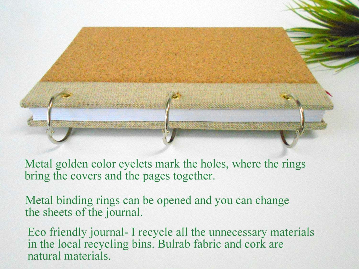 Handmade ring journal with natural cork covers- 100% recycled pages- refillable personalised book